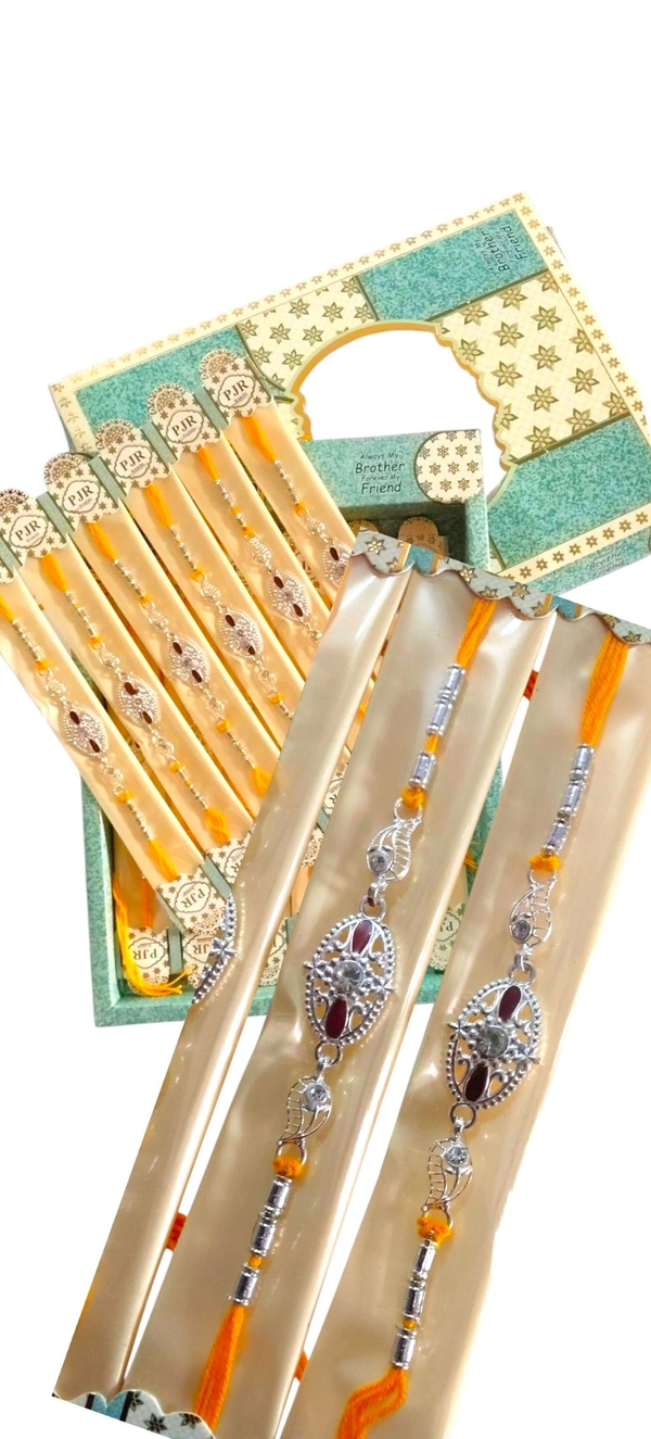 Elegant Silver-Plated Designer Rakhi with Orange Thread 2Pcs - Silver, Free Size