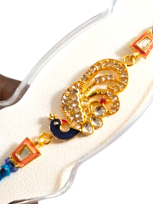 Peacock Design Golden Stone Rakhi with Blue Thread Set 3 Pcs - Twilight Blue, Free Size