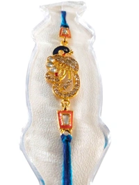 Peacock Design Golden Stone Rakhi with Blue Thread Set 3 Pcs - Twilight Blue, Free Size
