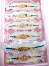 Peacock Design Golden Stone Rakhi with Blue Thread Set 3 Pcs - Twilight Blue, Free Size