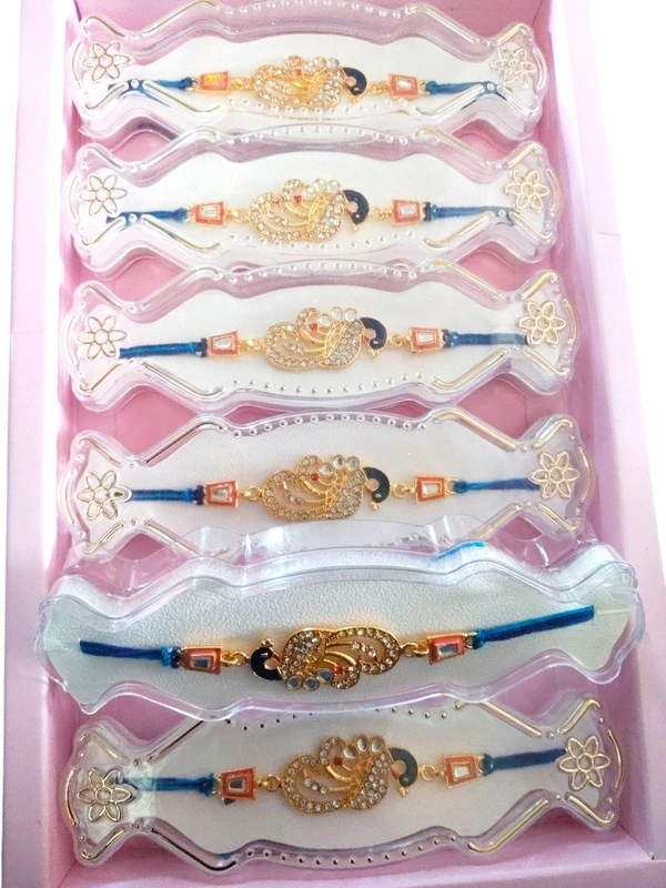 Peacock Design Golden Stone Rakhi with Blue Thread Set 3 Pcs - Twilight Blue, Free Size