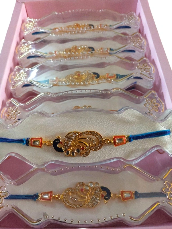 Peacock Design Golden Stone Rakhi with Blue Thread Set 3 Pcs - Twilight Blue, Free Size