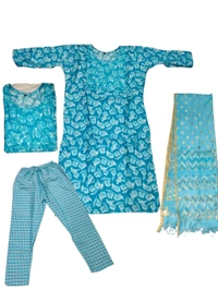 Cotton Blend Women Kurti With Dupatta & Bottomwear - Eastern Blue, XL