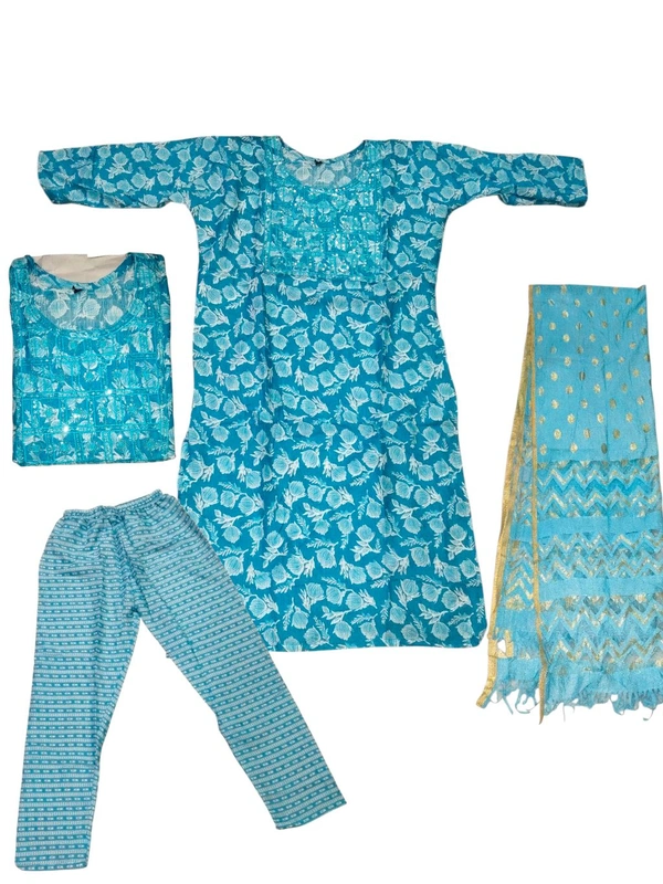 Cotton Blend Women Kurti With Dupatta & Bottomwear - Eastern Blue, XL