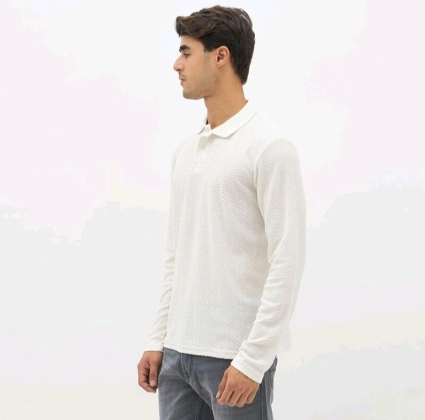 Ziptoo Men's White Textured Long Sleeve Polo T-Shirt – Elegant Everyday Essential - White, Xl