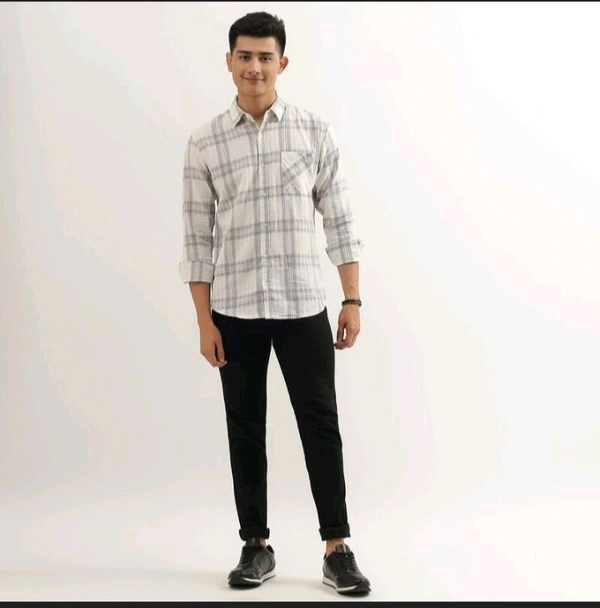 Ziptoo  Men's Off-White & Grey Checkered Shirt – Minimalist Casual Look
 - S