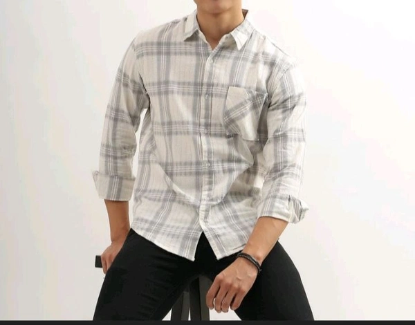 Ziptoo  Men's Off-White & Grey Checkered Shirt – Minimalist Casual Look
 - L