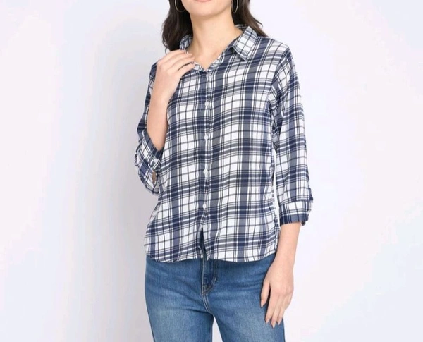 Ziptoo Women's Navy Blue & White Checkered Shirt – Effortless Casual Chic
 - L