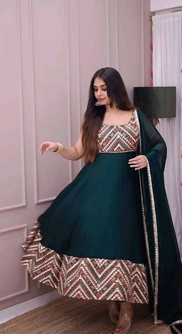 Amrit Kalā  DESIGNER WEAR EXCLUSIVE SEQUENCE EMBROIDERED GEORGETTE GOWN WITH DUPATTA - Teal