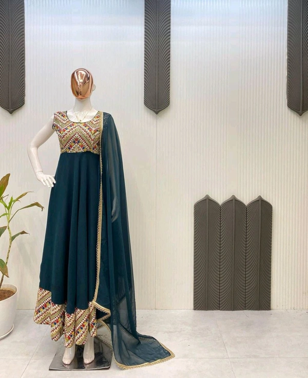 Amrit Kalā  DESIGNER WEAR EXCLUSIVE SEQUENCE EMBROIDERED GEORGETTE GOWN WITH DUPATTA - Teal