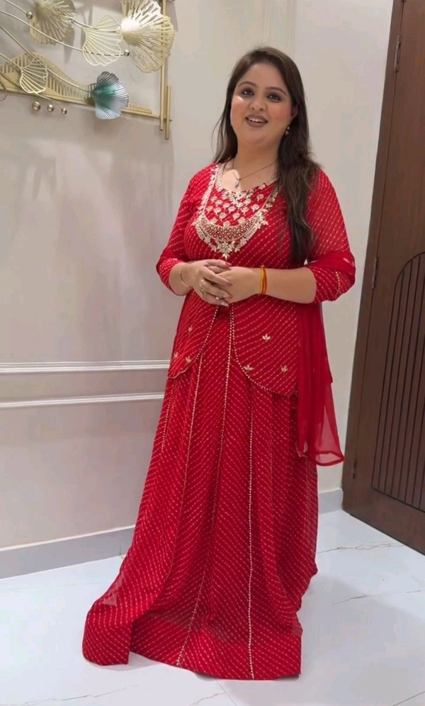 Trendy Elegant Festive Lahanga With Dupatta Set  - Red Orange