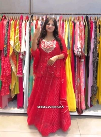 Trendy Elegant Festive Lahanga With Dupatta Set  - Red Orange