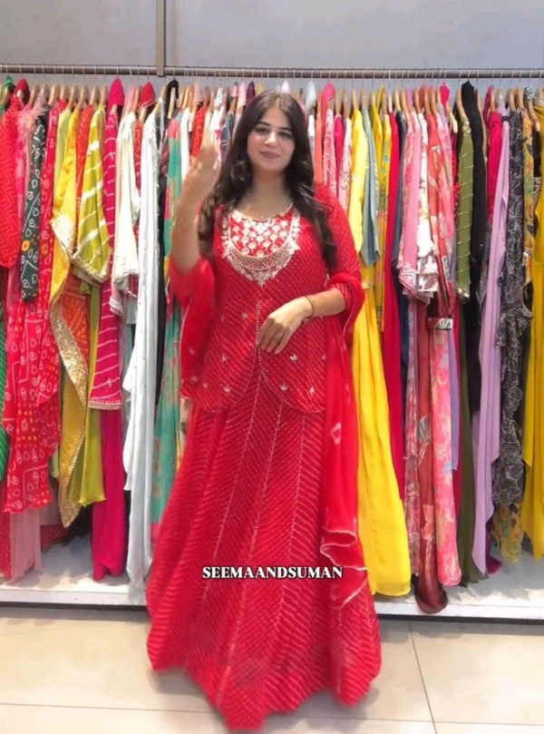 Trendy Elegant Festive Lahanga With Dupatta Set  - Red Orange