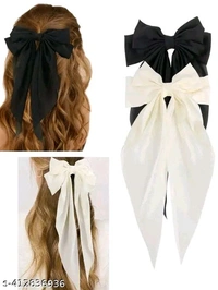 2 Pcs Bow Ribbon Hair Clip Solid Satin Clip Hair Pin Retro Headband with Clips Women Girls Hair Accessories for party - White, FREE SIZE
