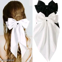 2 Pcs Bow Ribbon Hair Clip Solid Satin Clip Hair Pin Retro Headband with Clips Women Girls Hair Accessories for party - White, FREE SIZE