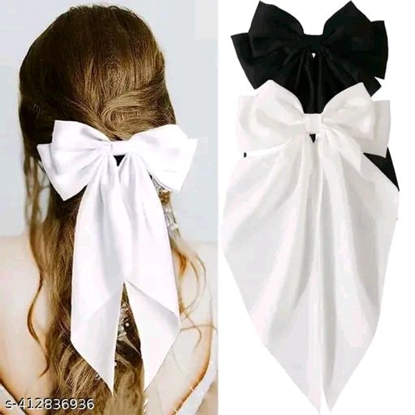 2 Pcs Bow Ribbon Hair Clip Solid Satin Clip Hair Pin Retro Headband with Clips Women Girls Hair Accessories for party - White, FREE SIZE