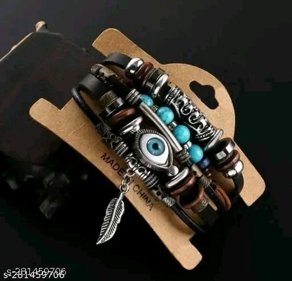 Leather Bracelet - Black, Free Size