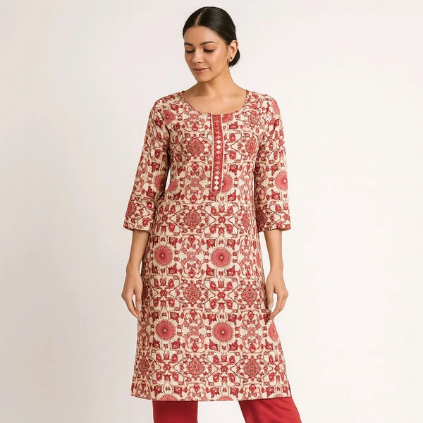 Cream Maroon Beautiful Printed Vetican Kurti Set - M