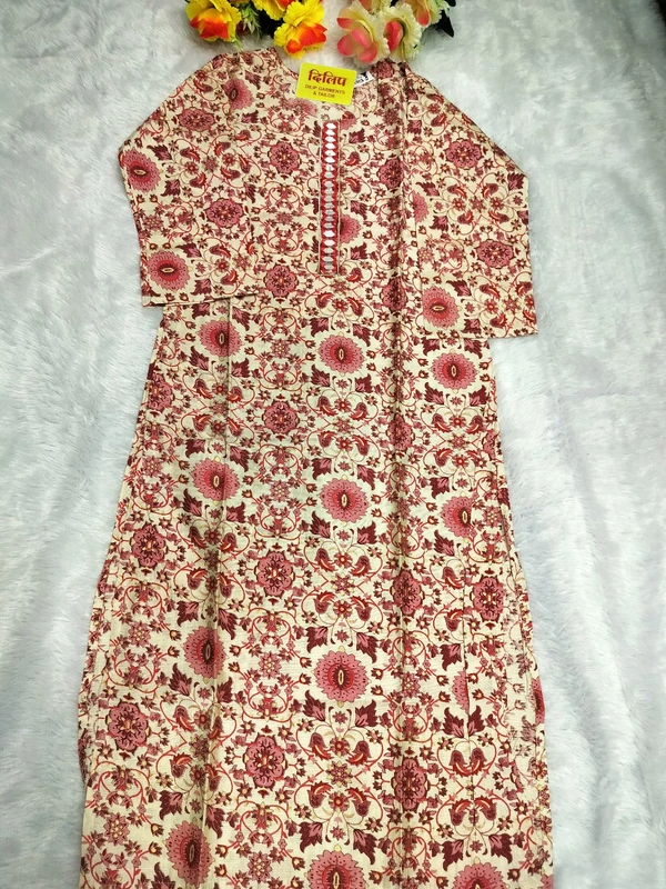 Cream Maroon Beautiful Printed Vetican Kurti Set - L