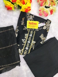 Floral Print Black Vetican Kurti Set  - Black, M