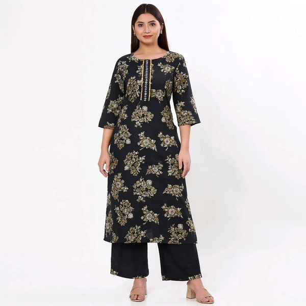 Floral Print Black Vetican Kurti Set  - Black, M