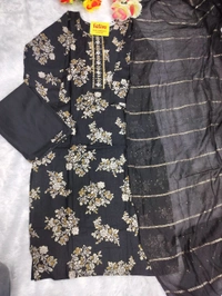 Floral Print Black Vetican Kurti Set  - Black, 2xl