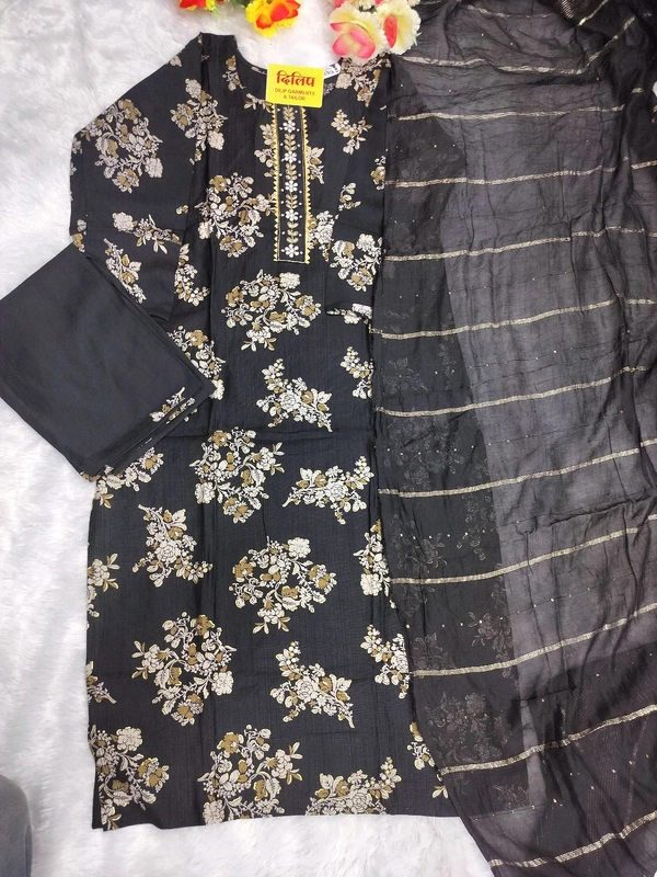 Floral Print Black Vetican Kurti Set  - Black, 2xl