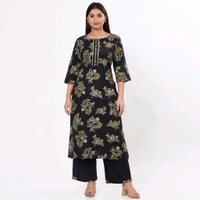 Floral Print Black Vetican Kurti Set  - Black, 2xl