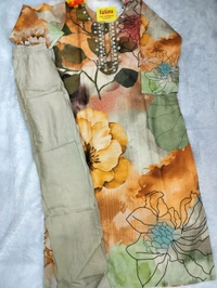 Light Cream Floral Print Handwork Kurti Pant Set  - M