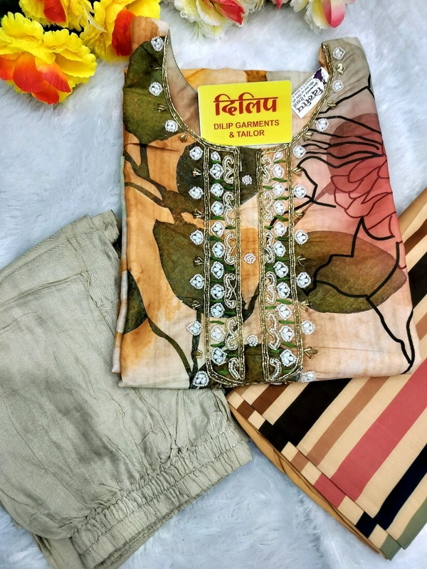 Light Cream Floral Print Handwork Kurti Pant Set  - L