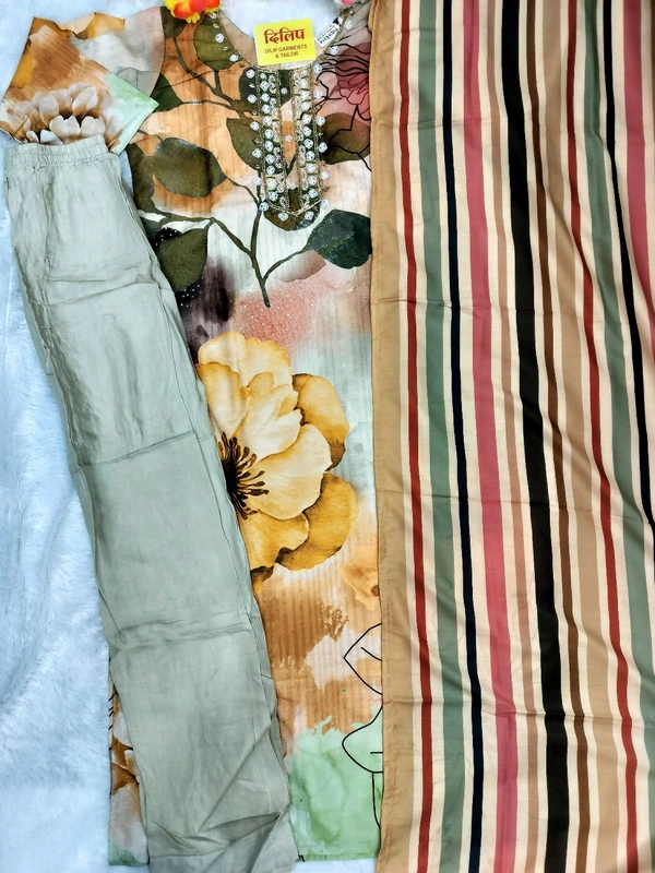 Light Cream Floral Print Handwork Kurti Pant Set  - Xl