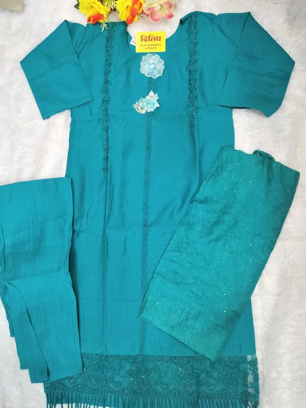 Flower Patch Work Kurti Set - Teal, L