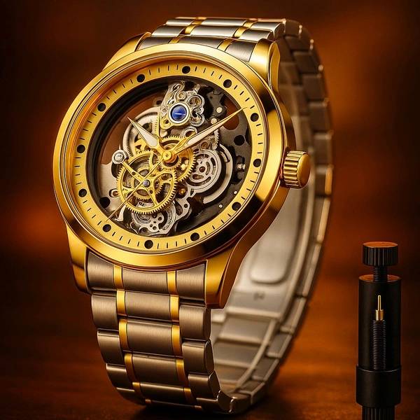 Men's Transparent Dial Quartz Watch Men's Stainless Steel Premium Quality Men's Watch  - Free, Golden Fizz