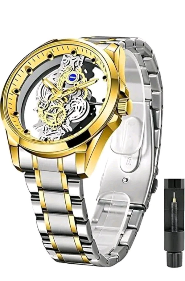 Men's Transparent Dial Quartz Watch Men's Stainless Steel Premium Quality Men's Watch  - Free, Golden Fizz