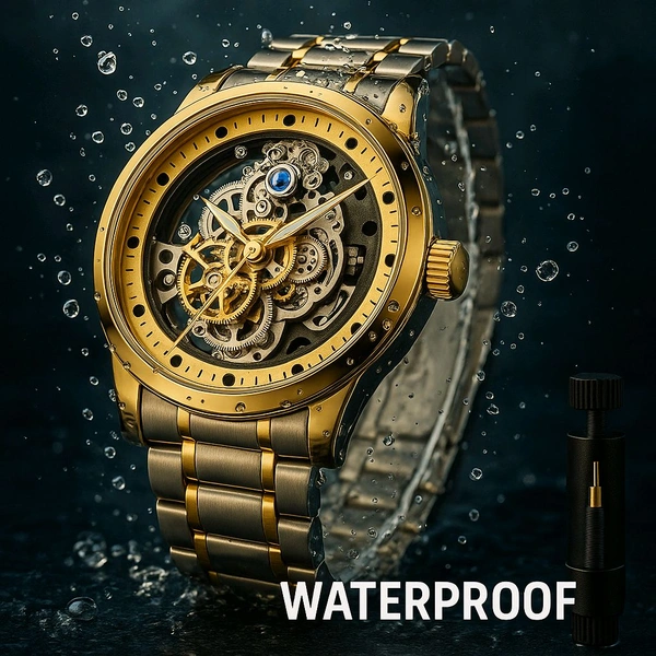Men's Transparent Dial Quartz Watch Men's Stainless Steel Premium Quality Men's Watch  - Free, Golden Fizz