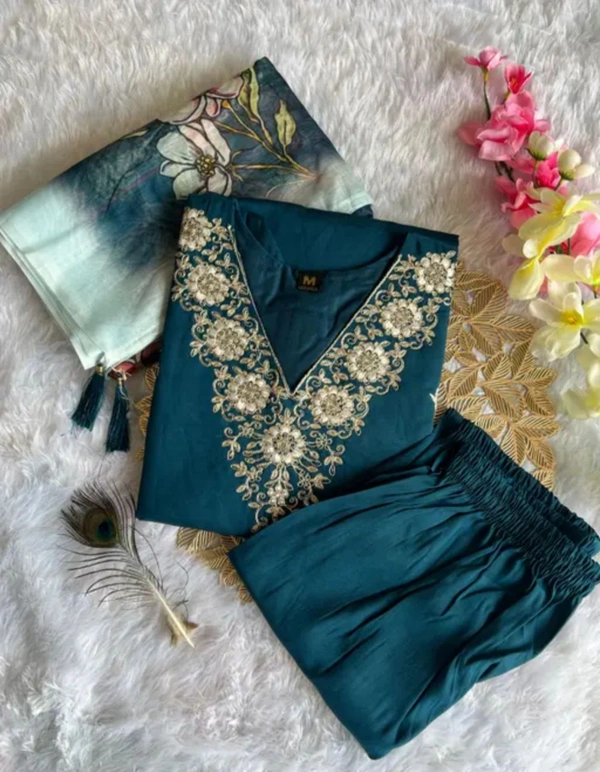 2025 LATEST AND TRENDING EMBROIDARED SILK KURTI PANT DUPATT - Double Pearl Lusta, S