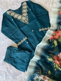 2025 LATEST AND TRENDING EMBROIDARED SILK KURTI PANT DUPATT - Double Pearl Lusta, M