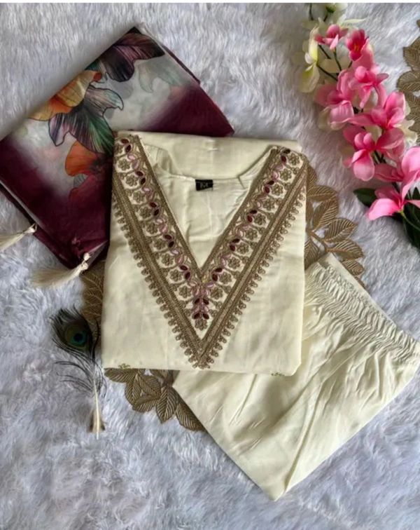 2025 LATEST AND TRENDING EMBROIDARED SILK KURTI PANT DUPATT - Double Pearl Lusta, M