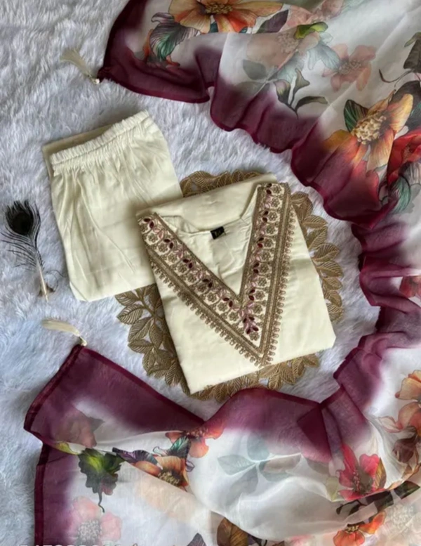 2025 LATEST AND TRENDING EMBROIDARED SILK KURTI PANT DUPATT - Double Pearl Lusta, M