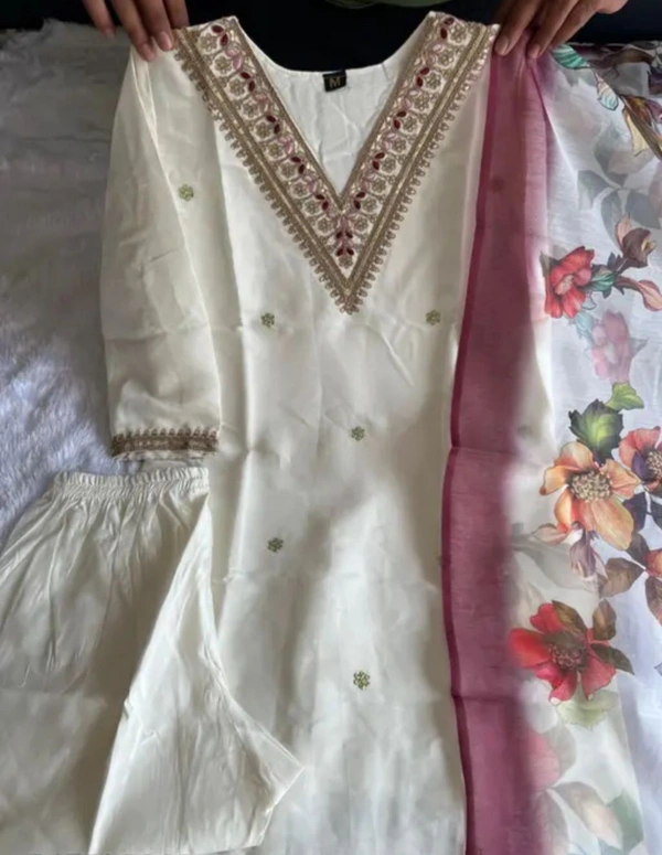 2025 LATEST AND TRENDING EMBROIDARED SILK KURTI PANT DUPATT - Double Pearl Lusta, M