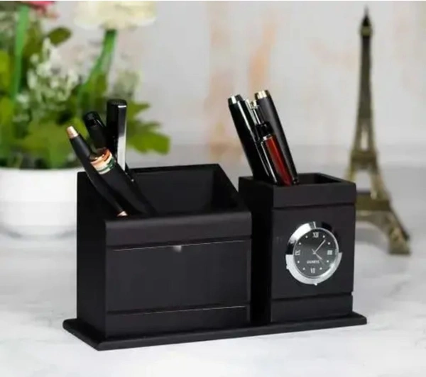 Wonders Pen Stand With Watch Visiting Card & Mobile Holder Multipurpose Wooden