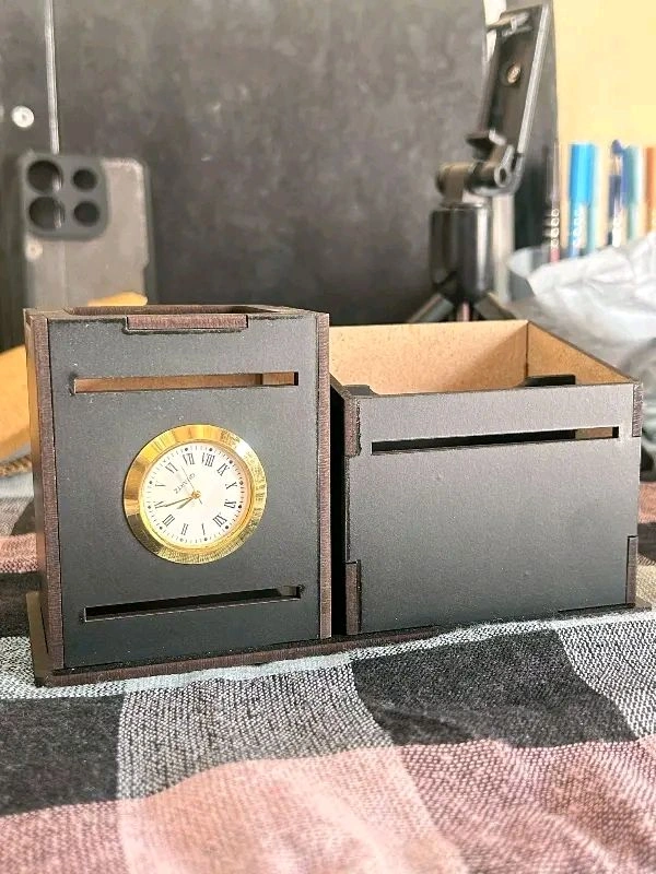Wonders Pen Stand With Watch Visiting Card & Mobile Holder Multipurpose Wooden
