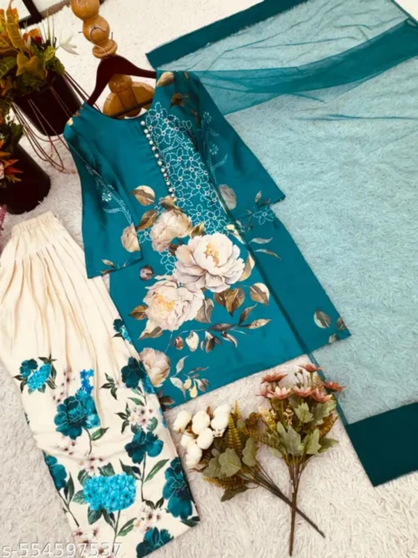 Stylish White Floral Embroidered Silk Suit Set - XL
