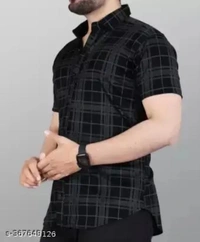 Men's Checked Regular Spread Collar Black Shirts - L