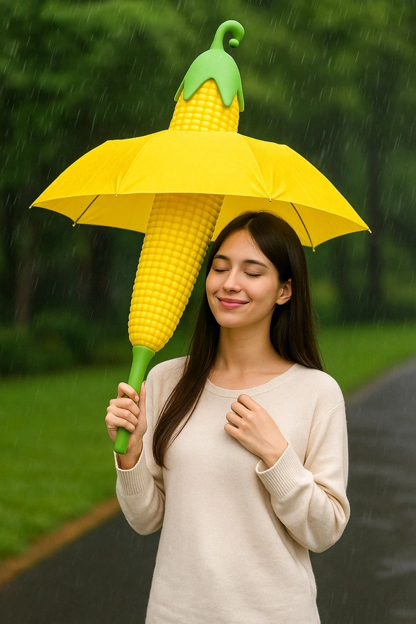 Corn Shaped Umbrella – Auto Open/close - Yellow, Free