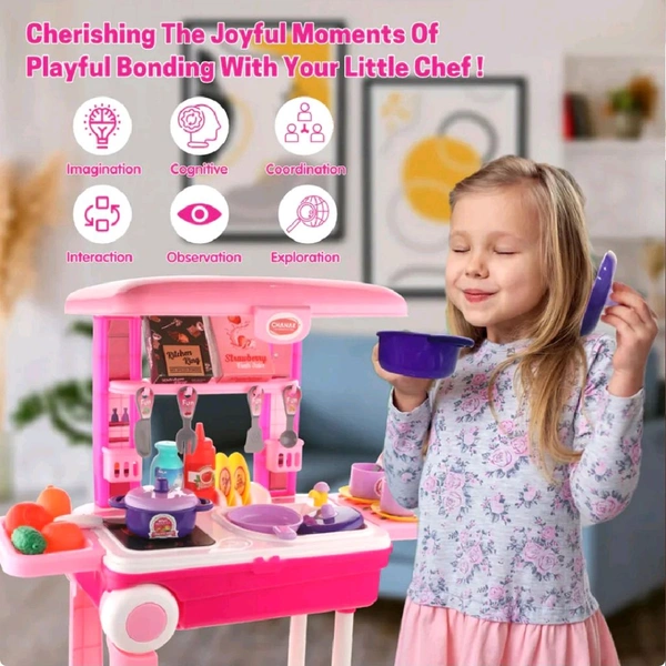 Kids’ Interactive Kitchen Play Set – Lights & Sounds Edition
 - Magenta / Fuchsia, 34 Cm Length  Breadth -23