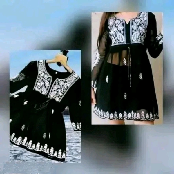 NoirChic™ Black Embroidered Short Kurti Top – Sheer Georgette, Tie-Up Waist, Full Sleeve Partywear for Women & Girls

 - XL, Ultramarine