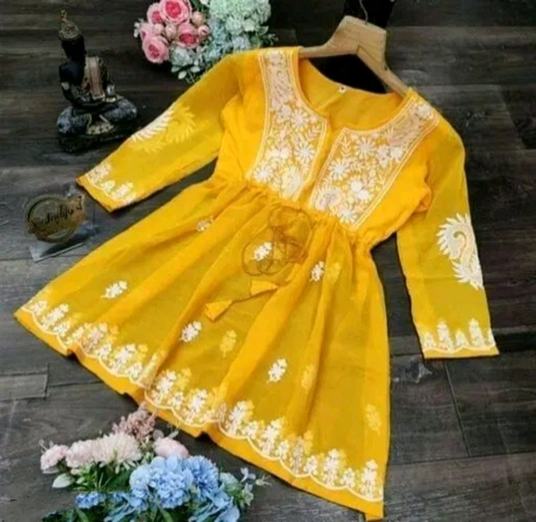 NoirChic™ Black Embroidered Short Kurti Top – Sheer Georgette, Tie-Up Waist, Full Sleeve Partywear for Women & Girls

 - Small, Yellow