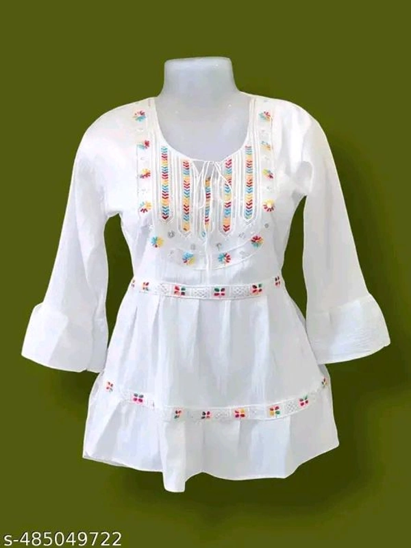 CloudBella™ White Cotton-Blend Bell Sleeve Top – Embroidered, Round Neck Casual & Partywear for Women & Girls (XS–XXL)
 - White