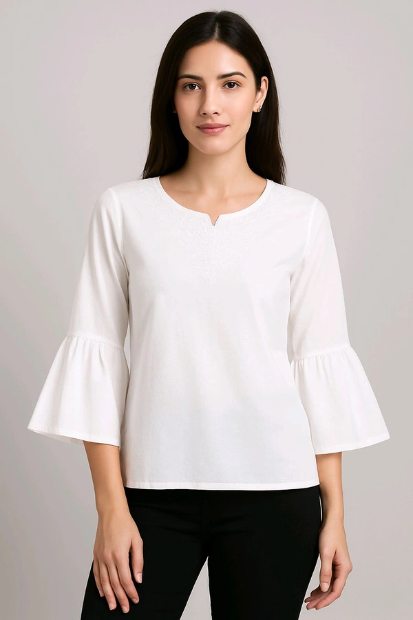 CloudBella™ White Cotton-Blend Bell Sleeve Top – Embroidered, Round Neck Casual & Partywear for Women & Girls (XS–XXL)
 - White